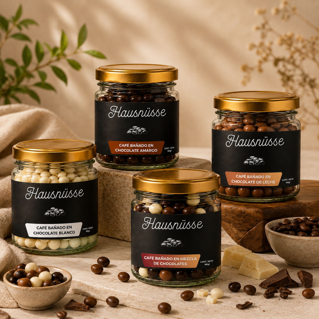 Pack 4 frascos café bañado en chocolate